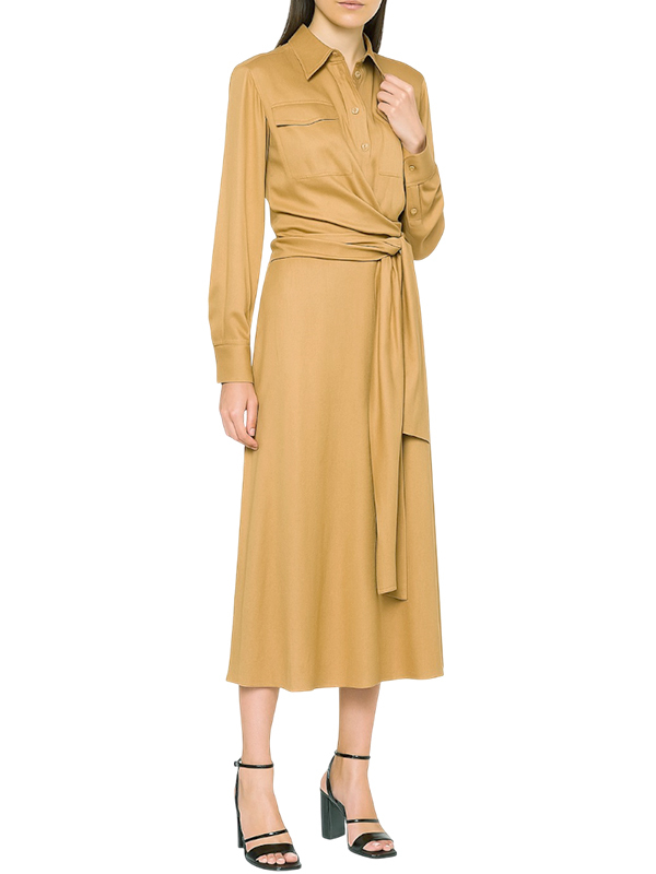 ALBERTA  FERRETTI  襯衫領綁帶絲洋裝(卡其)