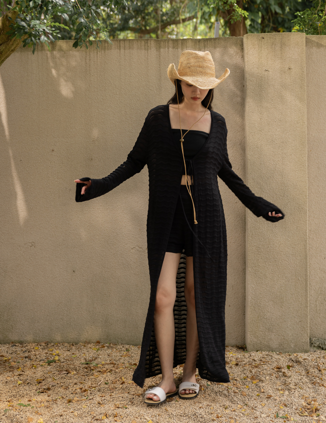 波浪織紋前綁帶長罩衫（黑色/2尺寸）