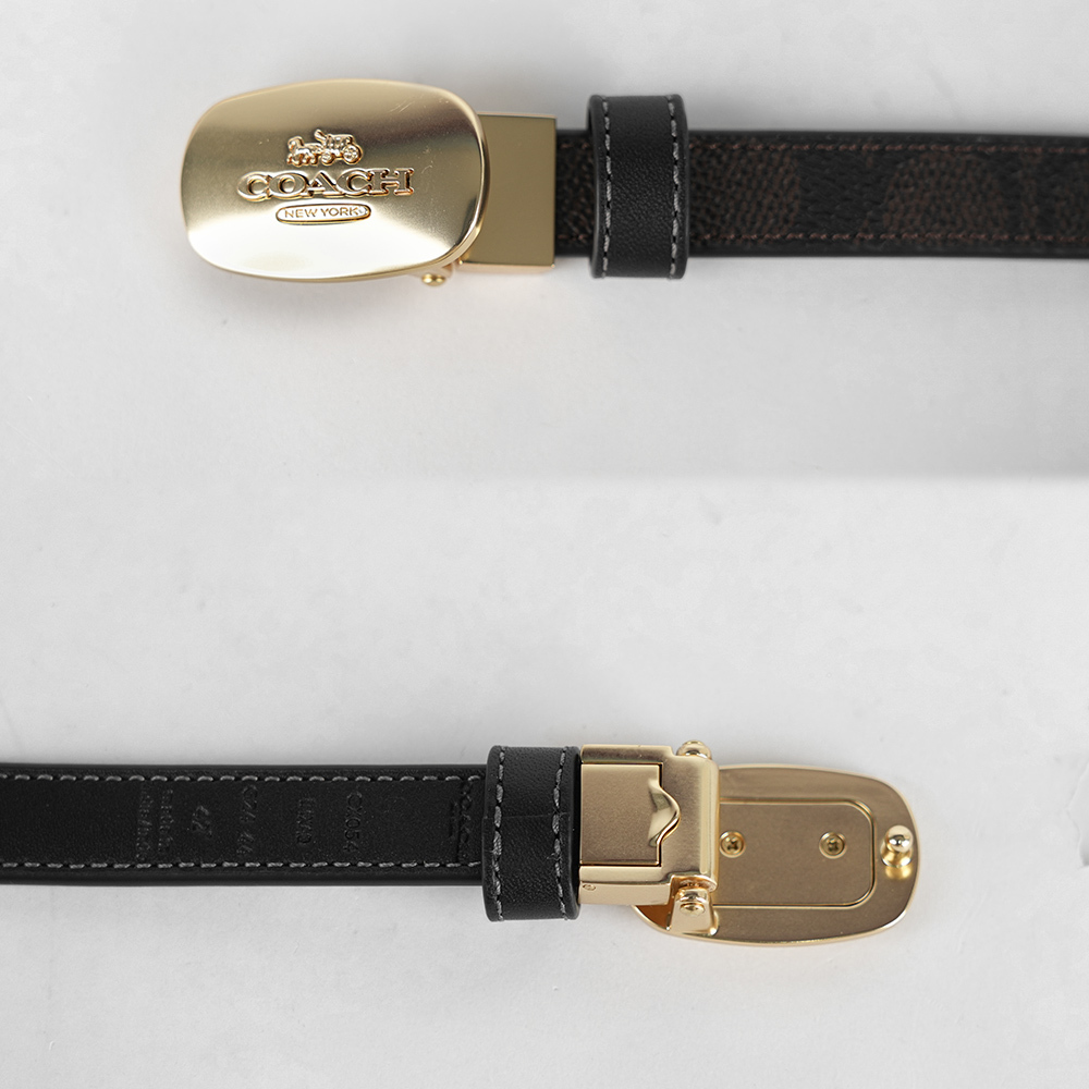 【COACH】Eliza 帆布及皮革橢圓標誌寬1.8cm皮帶(胡桃木棕/黑色) CX054 IMXAQ