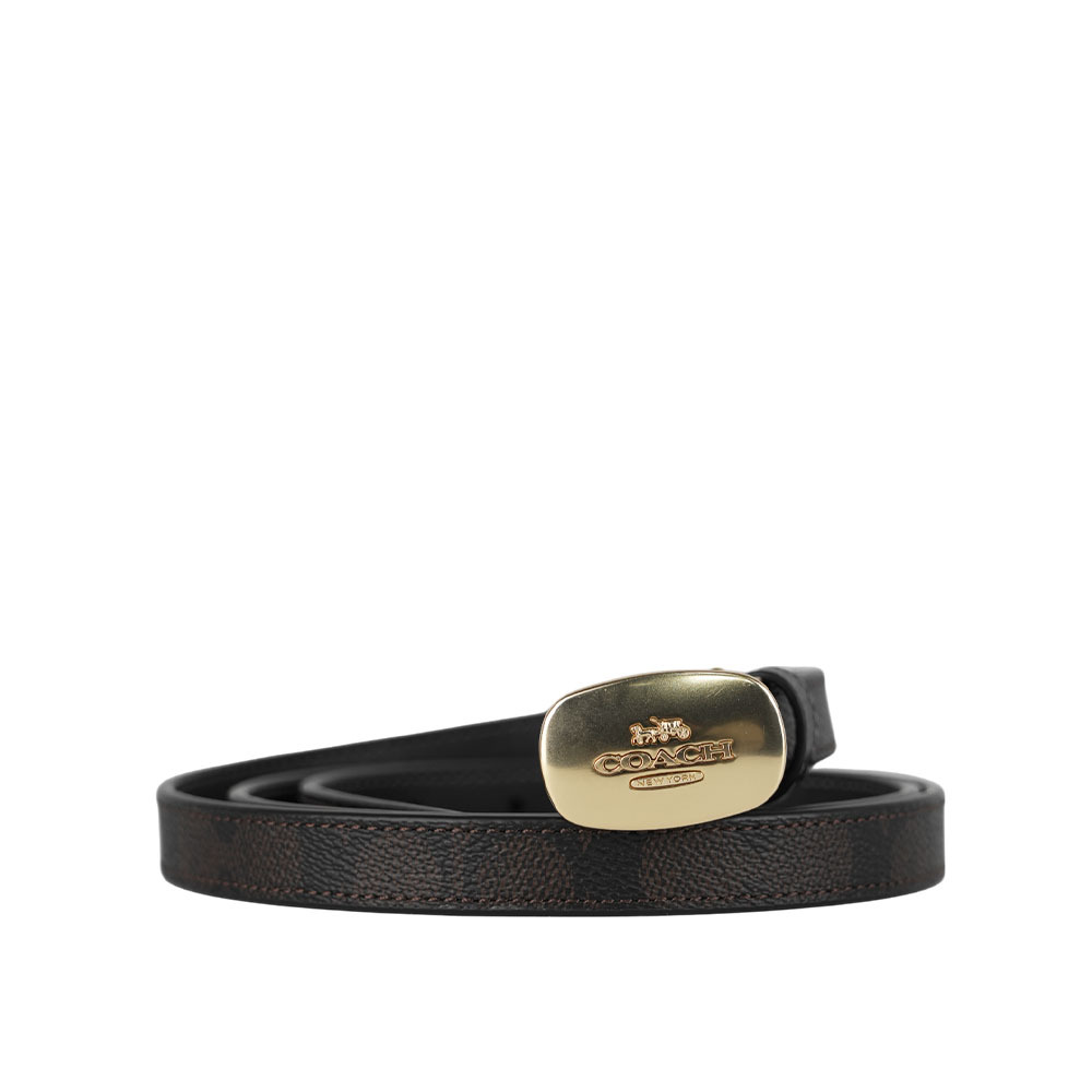 【COACH】Eliza 帆布及皮革橢圓標誌寬1.8cm皮帶(胡桃木棕/黑色) CX054 IMXAQ