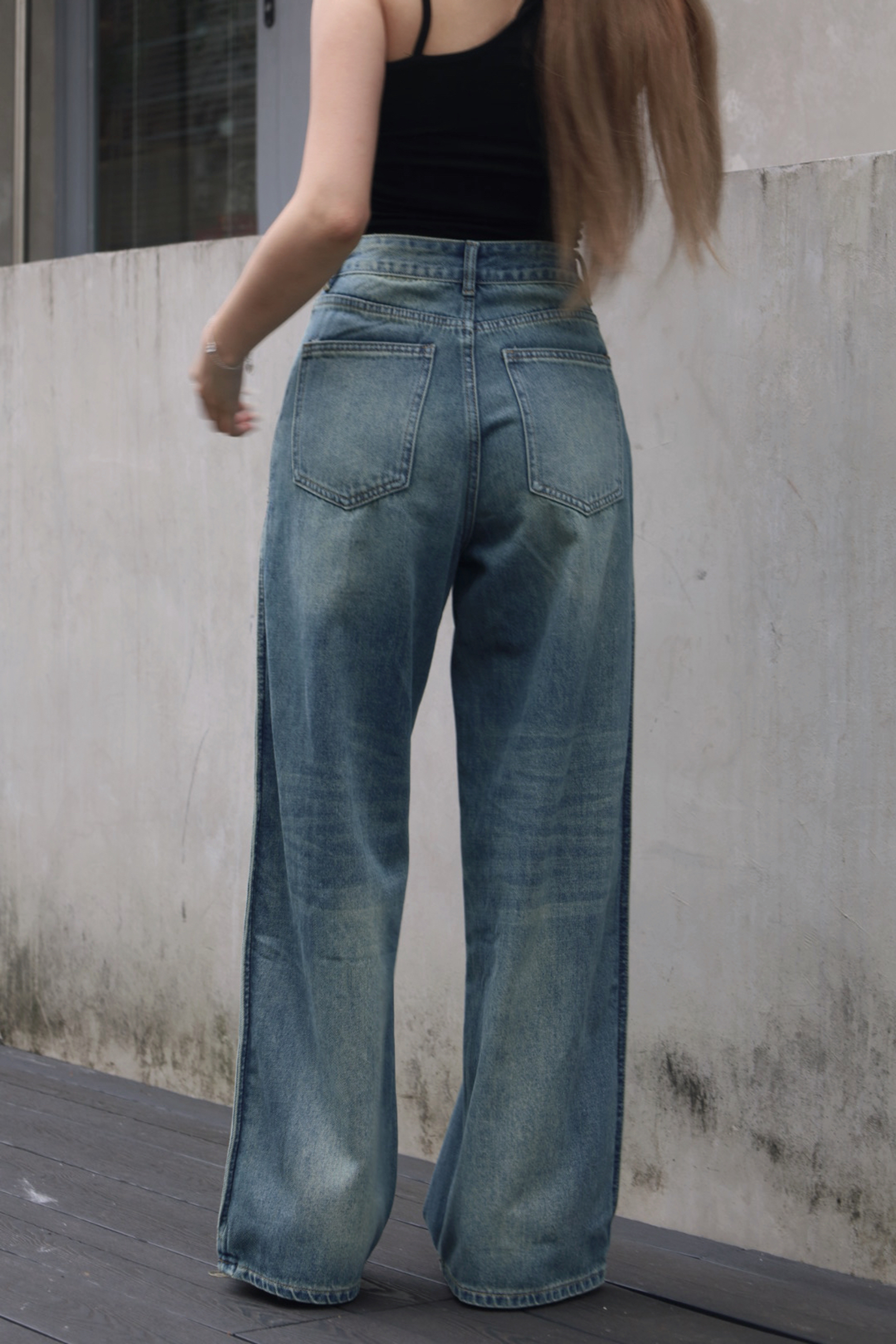 刷色拼接牛仔寬褲