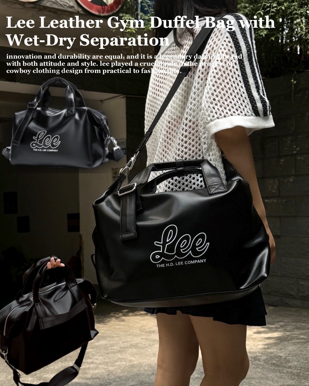 #預購 LEE 防潑水面料 皮革旅行袋 黑色