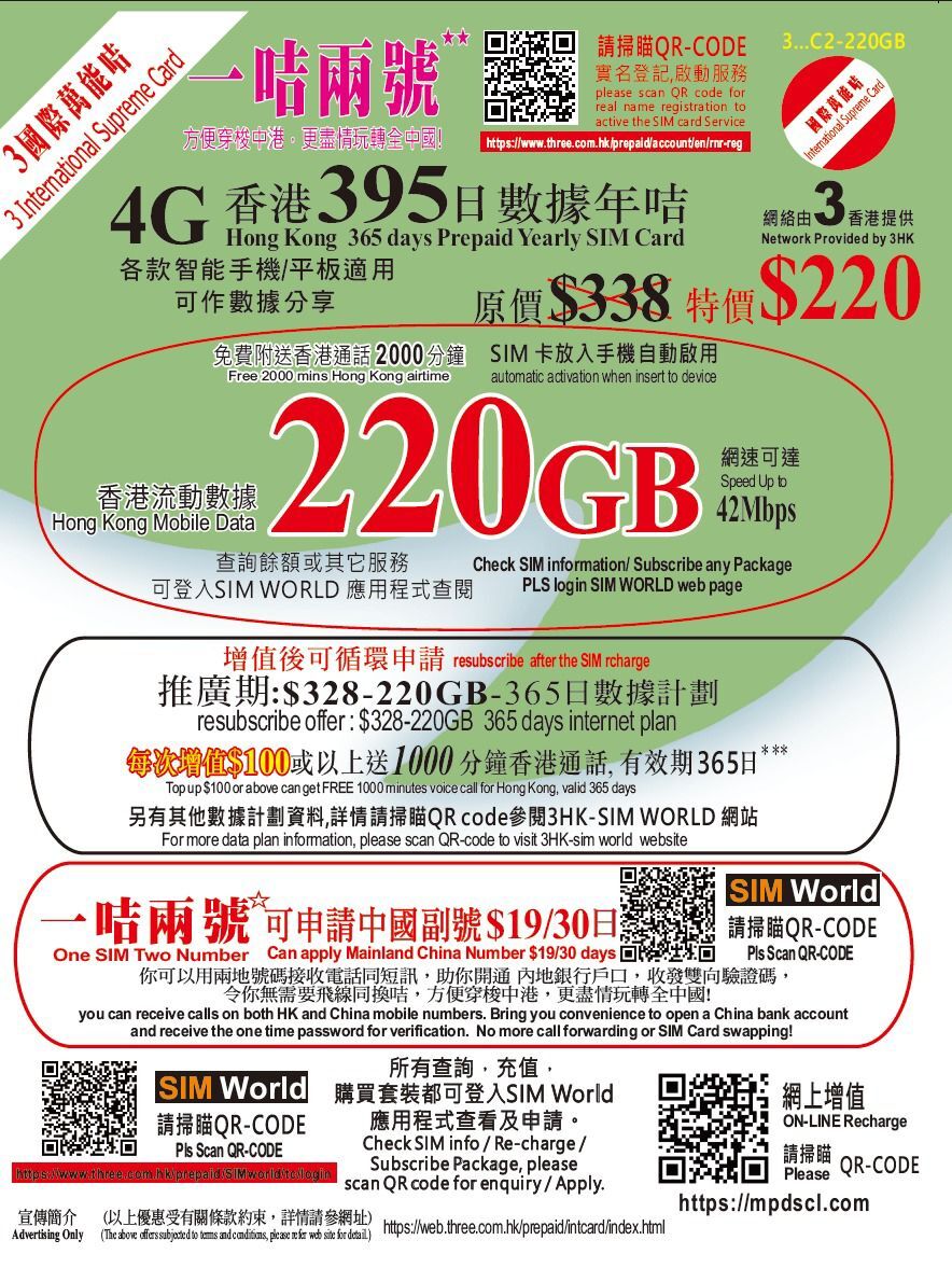 香港)THREE萬能卡220GB本地年卡+2,000分鐘本地通話。