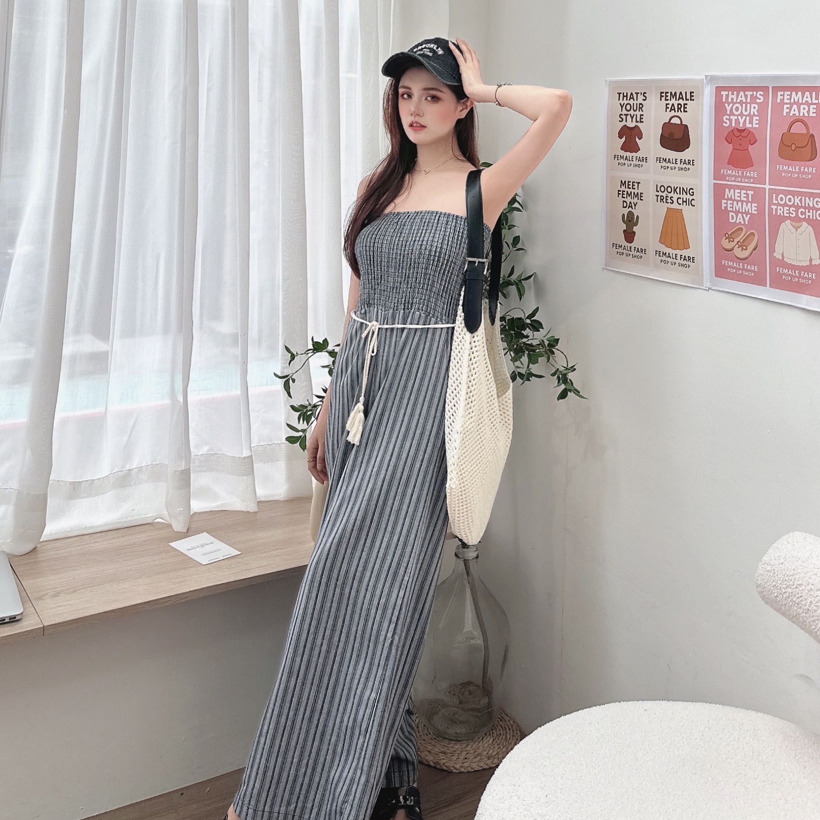 棉麻直條紋平口連身褲/二色