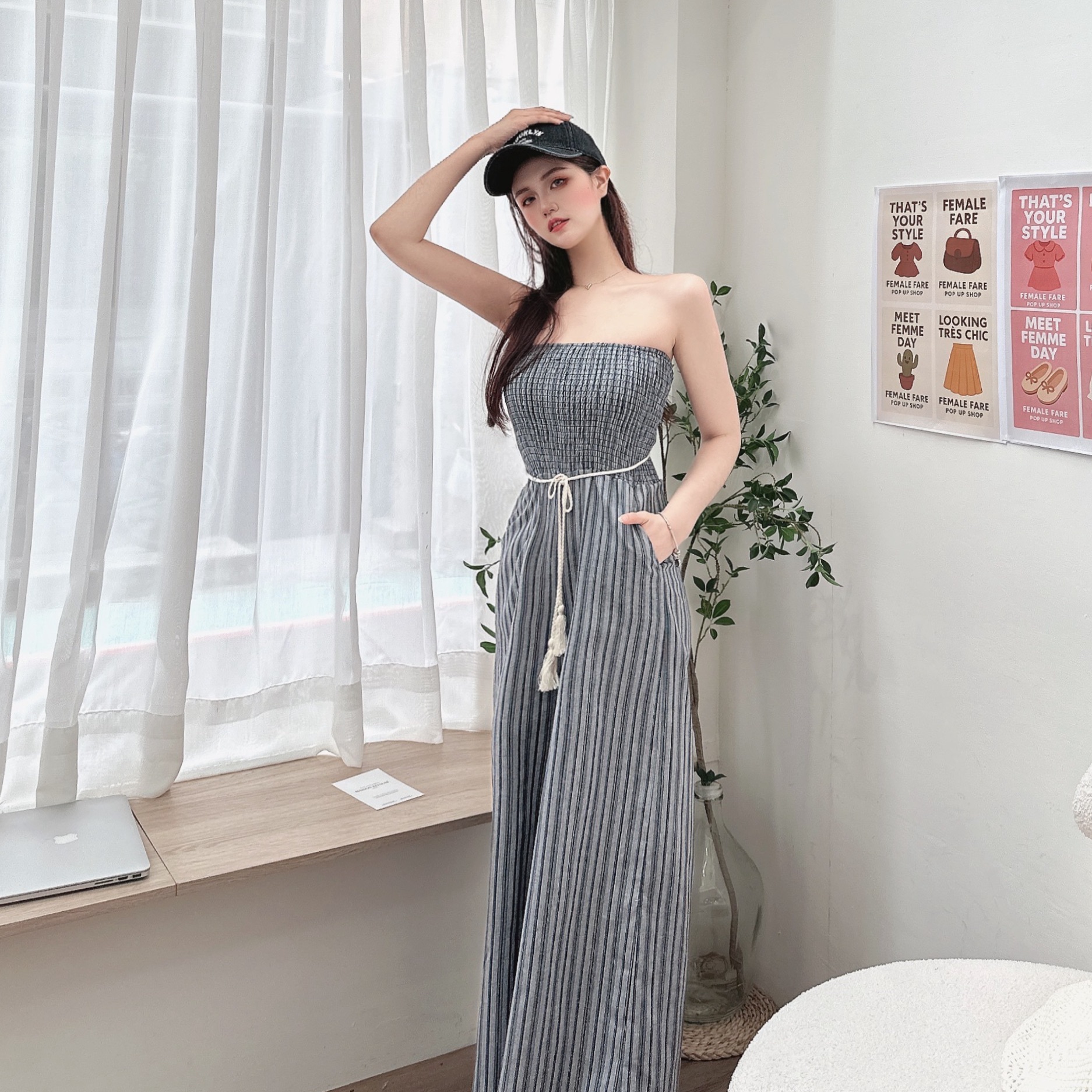 棉麻直條紋平口連身褲/二色