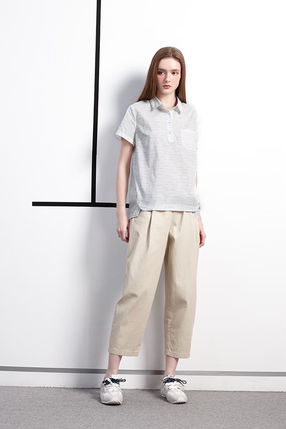 韓版學院風袖口反摺下襬釦子造型廓形上衣W6152