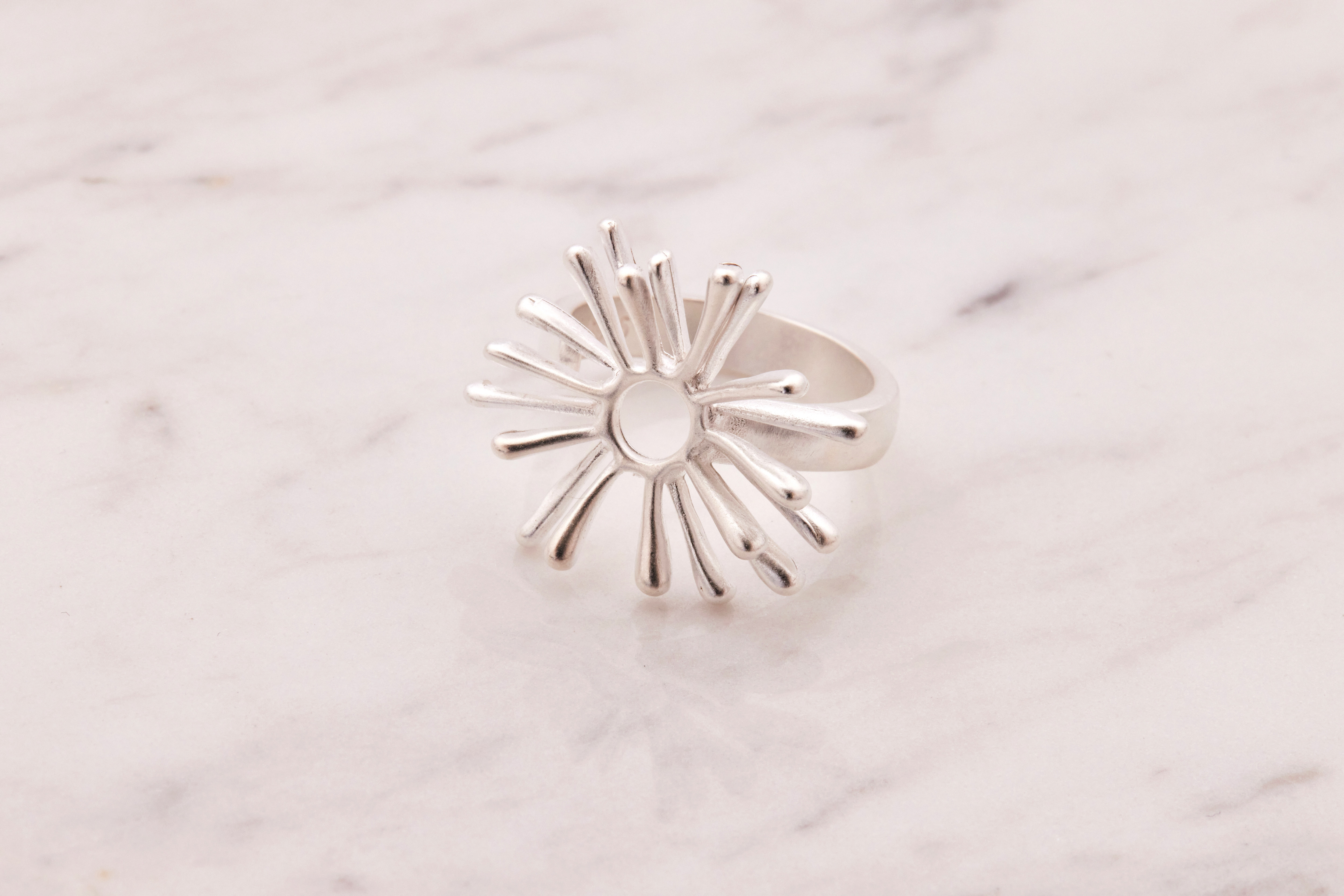 純銀太陽花戒指單品照，細節呈現花瓣雕刻與純銀光澤