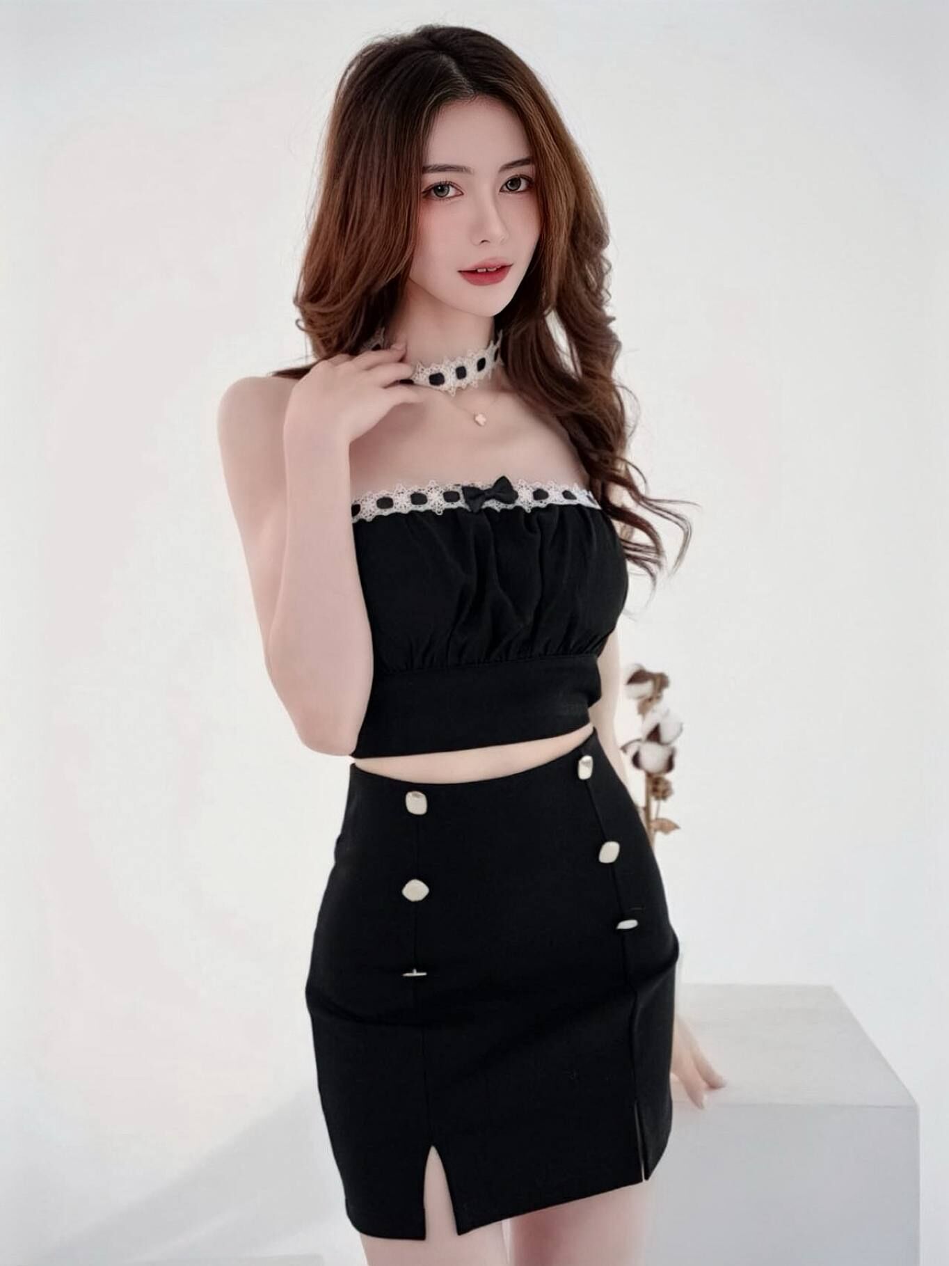 🤍蕾絲頸鍊+平口抓皺小可愛（黑色均碼有罩杯）