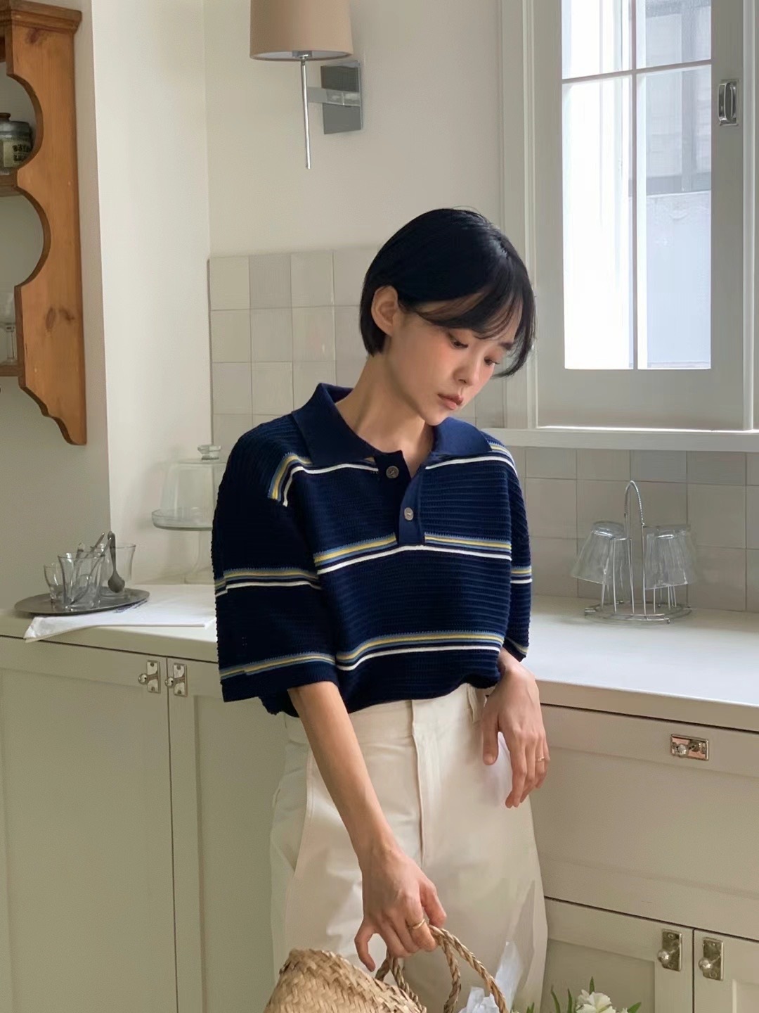 簡約直紋針織polo