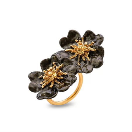 1TA0530-469 [THALLO] Bella Rose Ring Statement 24K Gold Vermeil On Sterling Silver Black Enamel Gold #s694b (EU)