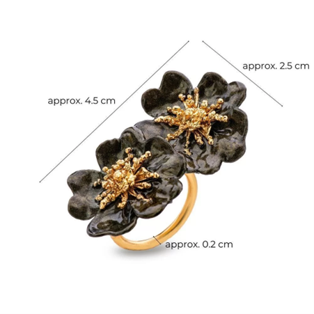 1TA0530-469 [THALLO] Bella Rose Ring Statement 24K Gold Vermeil On Sterling Silver Black Enamel Gold #s694b (EU)