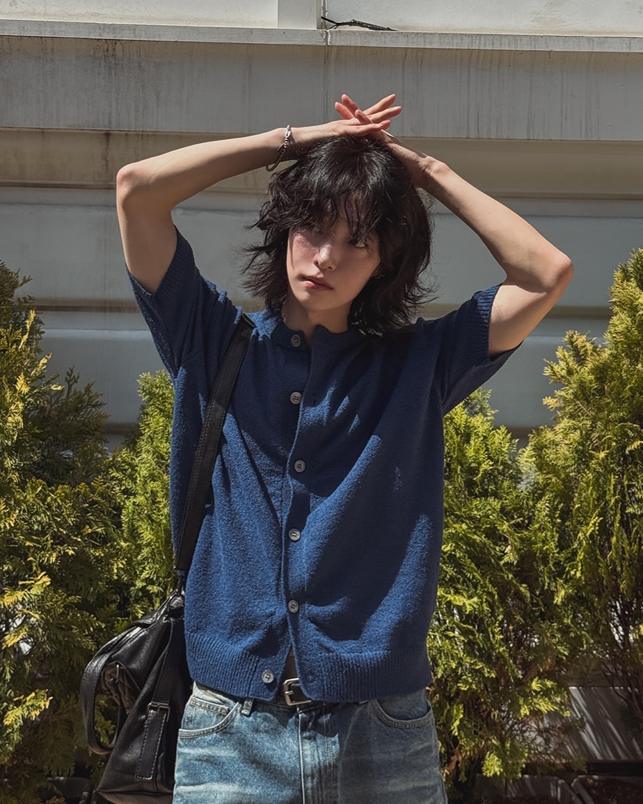 boucle 圓領短袖開襟衫