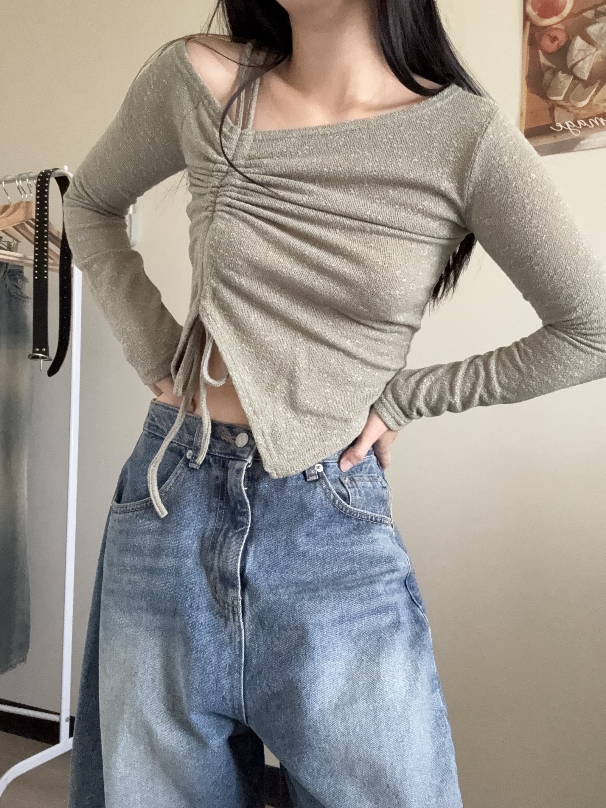 正韓 週末派對斜肩抽繩上衣（3colors）