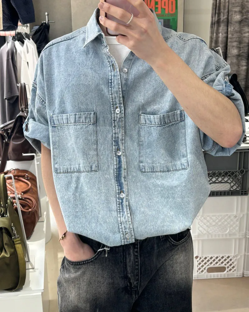 丹麥捲袖短袖牛仔襯衫