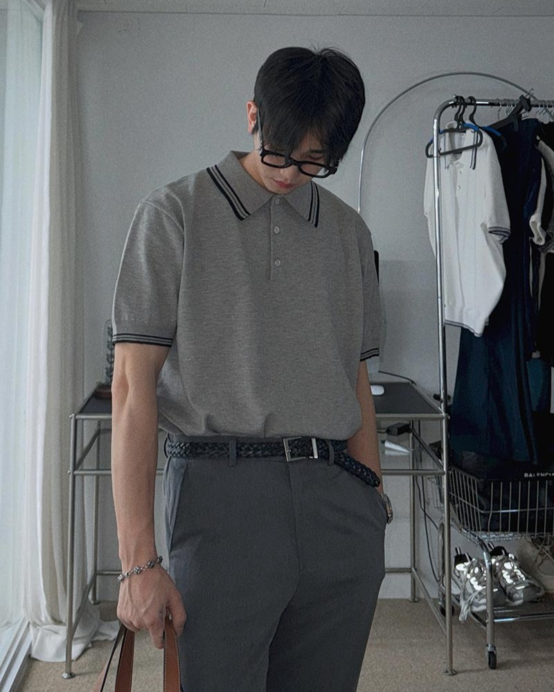 條紋拼色短袖針織上衣