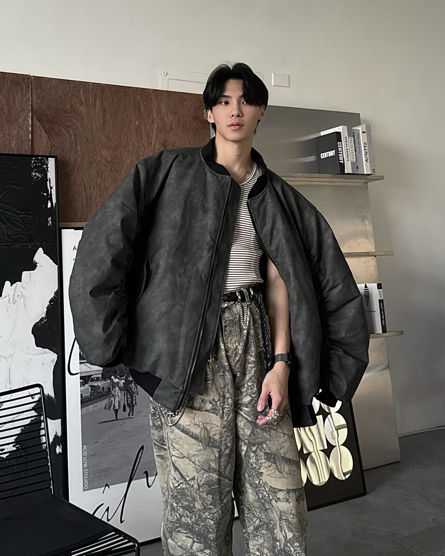 𝐇·𝐓·𝐒 韓國 裂紋設計 皮革 霧面 寬大版型 夾克 厚磅 長袖 飛行外套