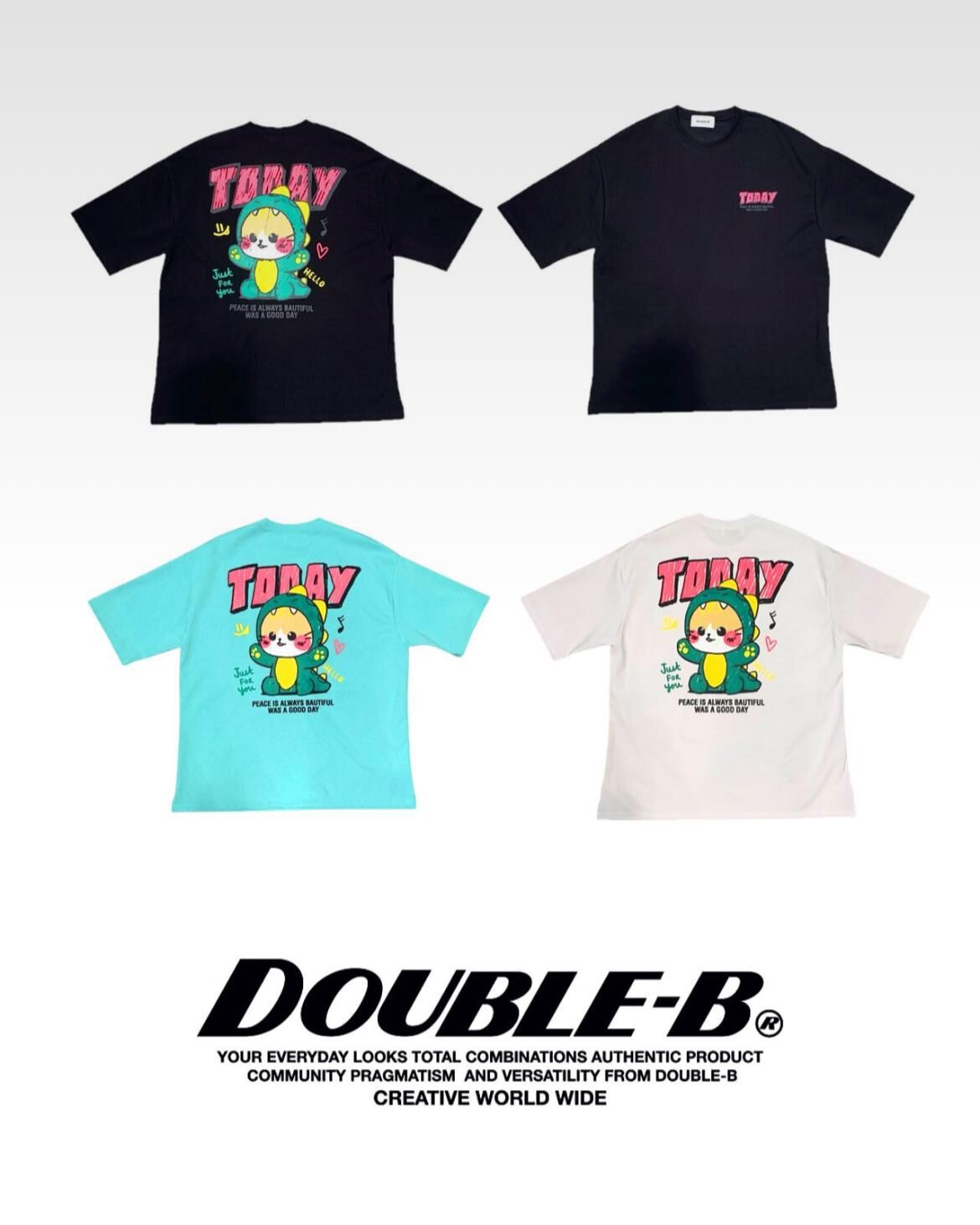 貓仔圖案英文字短袖Tee Double-B-014T