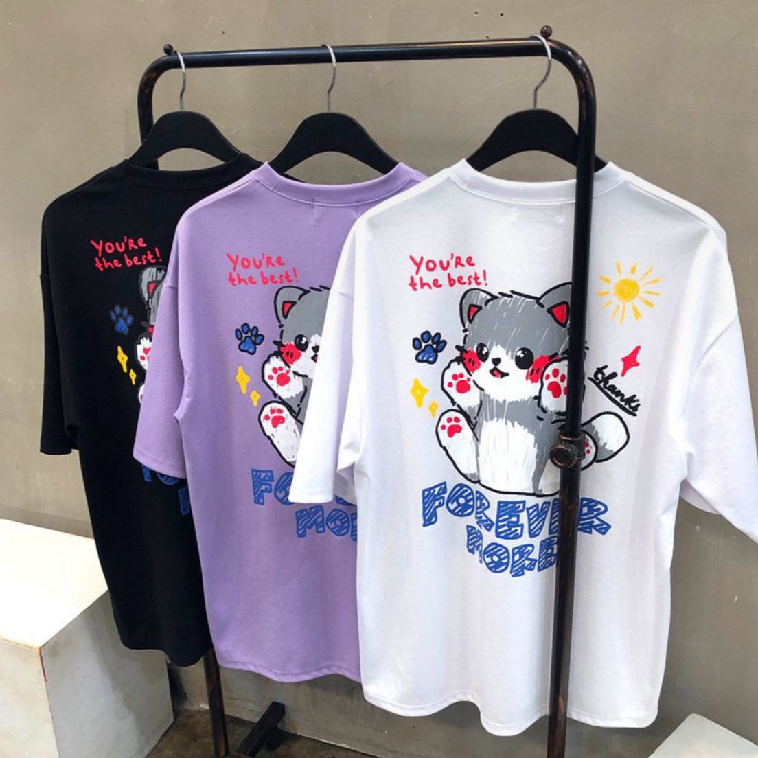 貓仔圖案英文字短袖Tee Double-B-019T