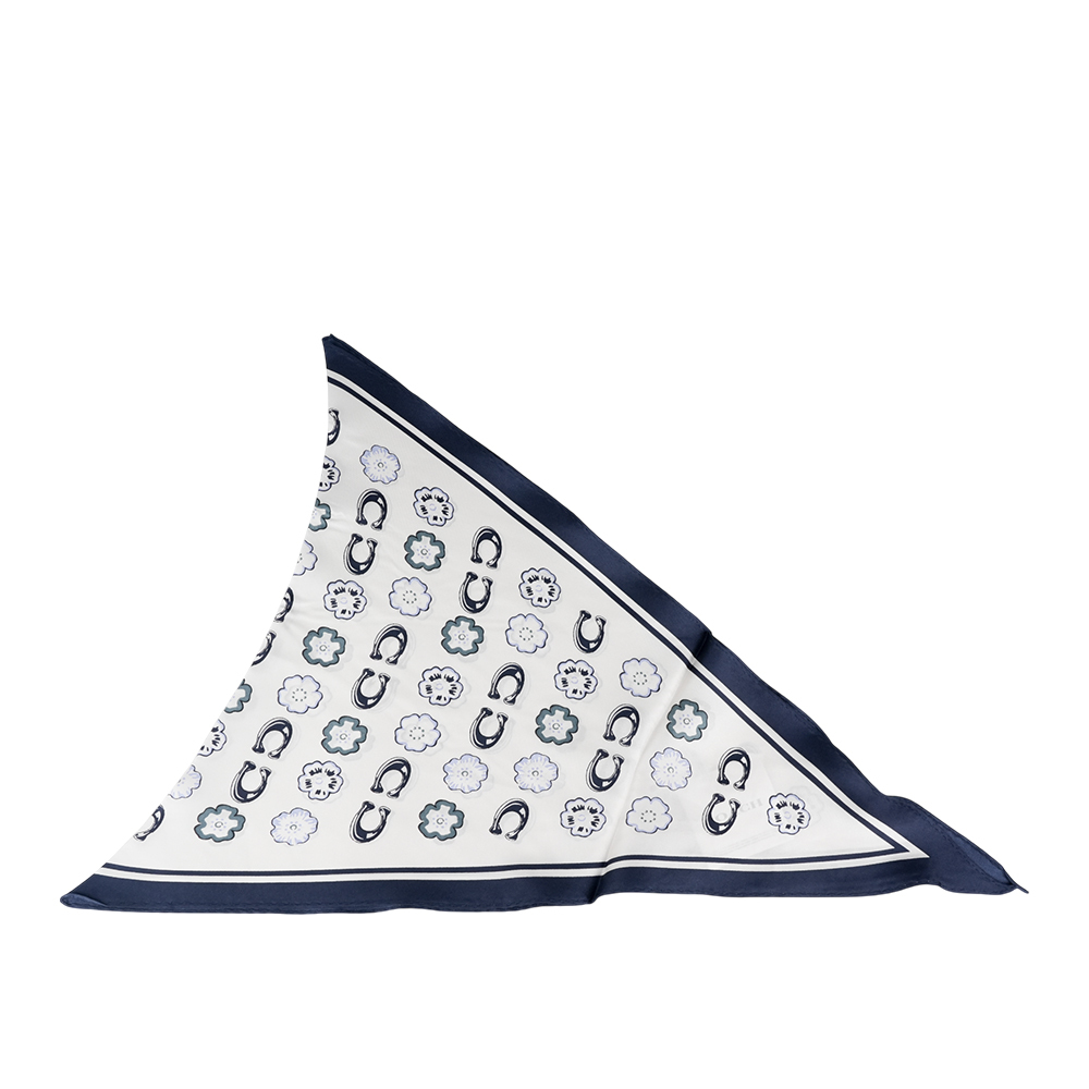 【COACH】C Logo 及茶玫瑰圖案菱形絲巾/髮飾(白色/深藍色) CQ746 DEB