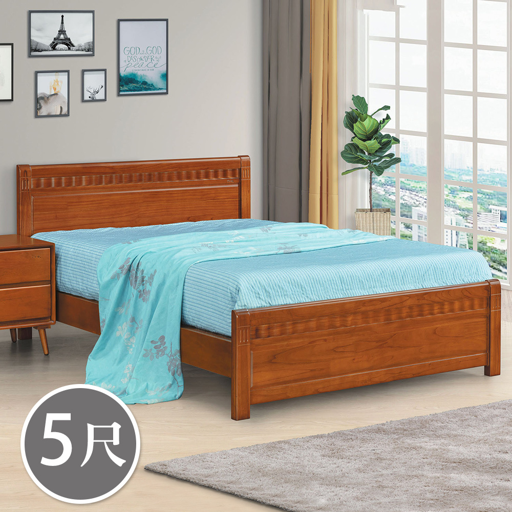 羅尼特5尺雙人柚木色實木床架(五分床板-不含床墊)