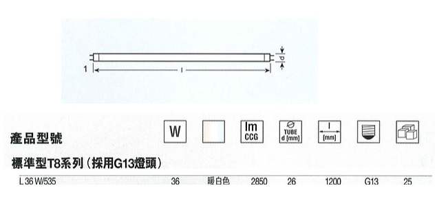 歐司朗 L36 535 36W 3500K T8 螢光燈管