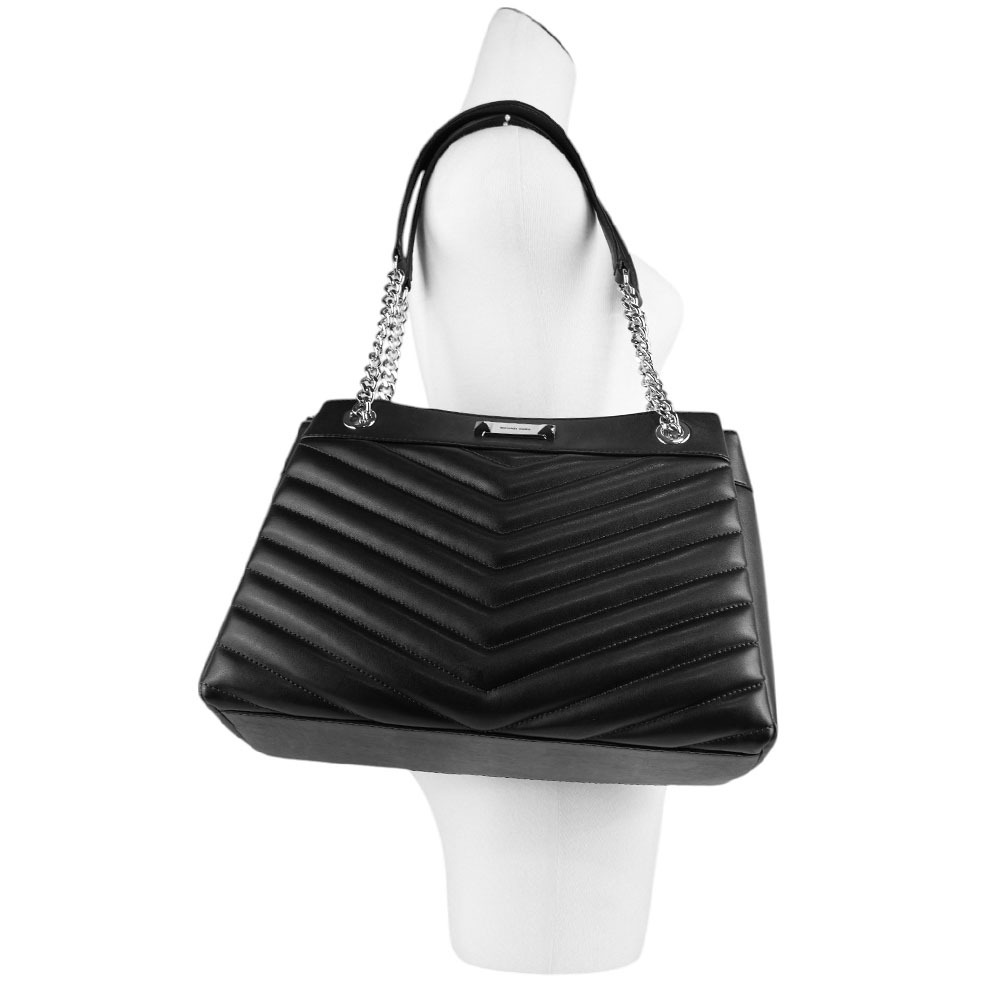 【Michael Kors】Whitney 銀釦縫線皮革鏈帶中型三層托特包(黑色) 35R4SWHT6U BLACK