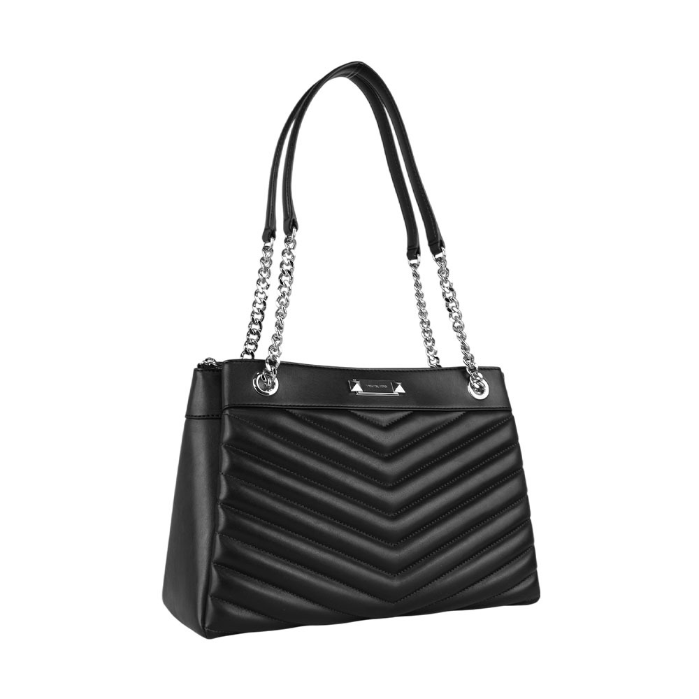 【Michael Kors】Whitney 銀釦縫線皮革鏈帶中型三層托特包(黑色) 35R4SWHT6U BLACK
