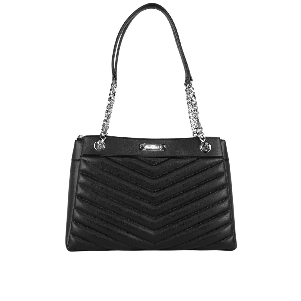 【Michael Kors】Whitney 銀釦縫線皮革鏈帶中型三層托特包(黑色) 35R4SWHT6U BLACK