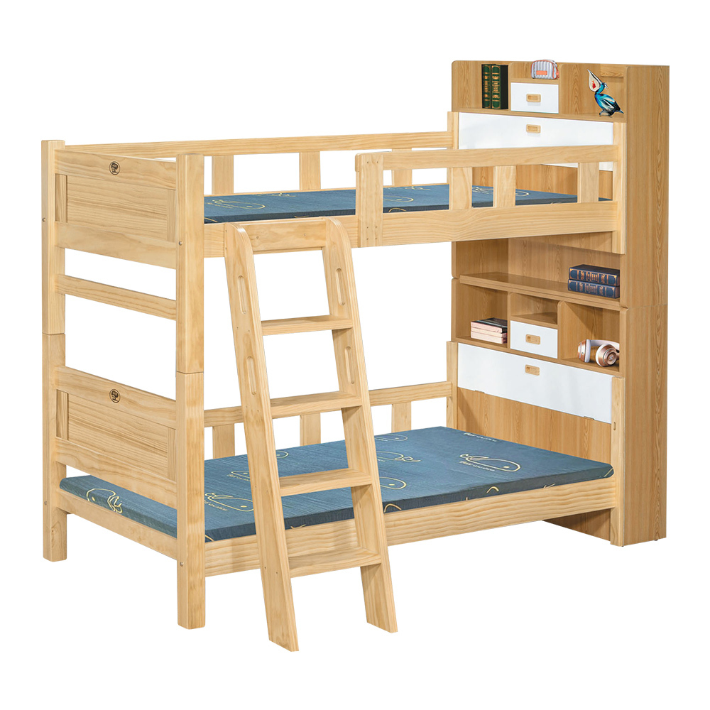 威森3.5尺單人書架型收納實木雙層床(四分床板-不含床墊)