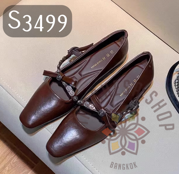 S3499 - 牛皮復古鈄帶裝飾瑪麗珍方頭平底鞋