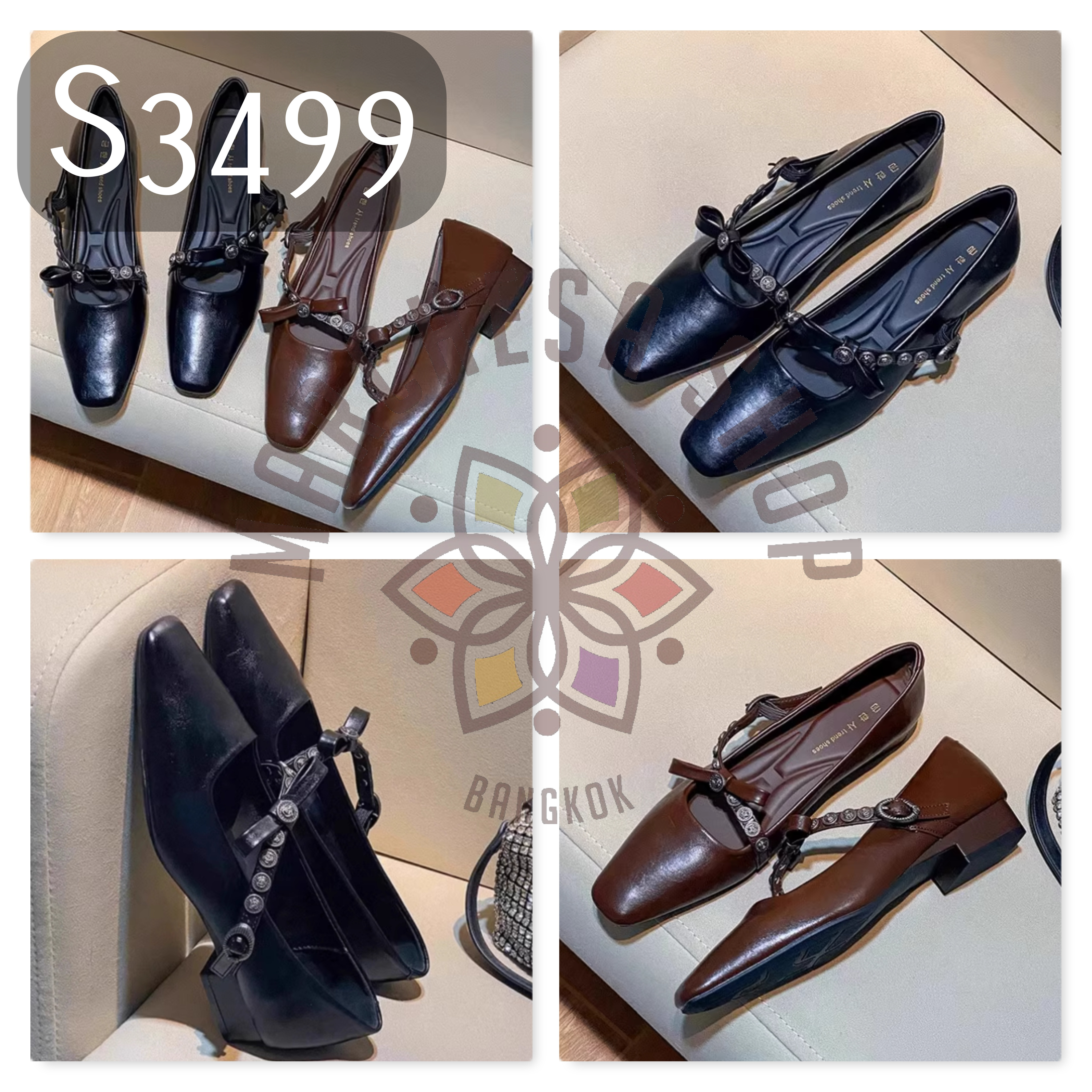 S3499 - 牛皮復古鈄帶裝飾瑪麗珍方頭平底鞋