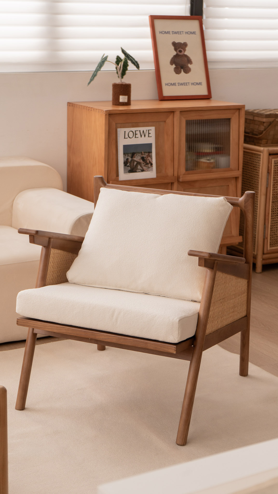 日式實木藤编單人扶手沙發椅