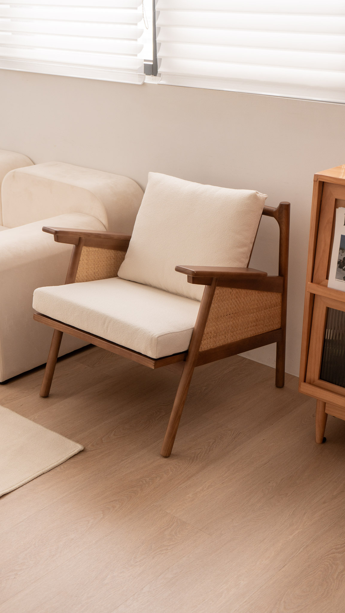 日式實木藤编單人扶手沙發椅