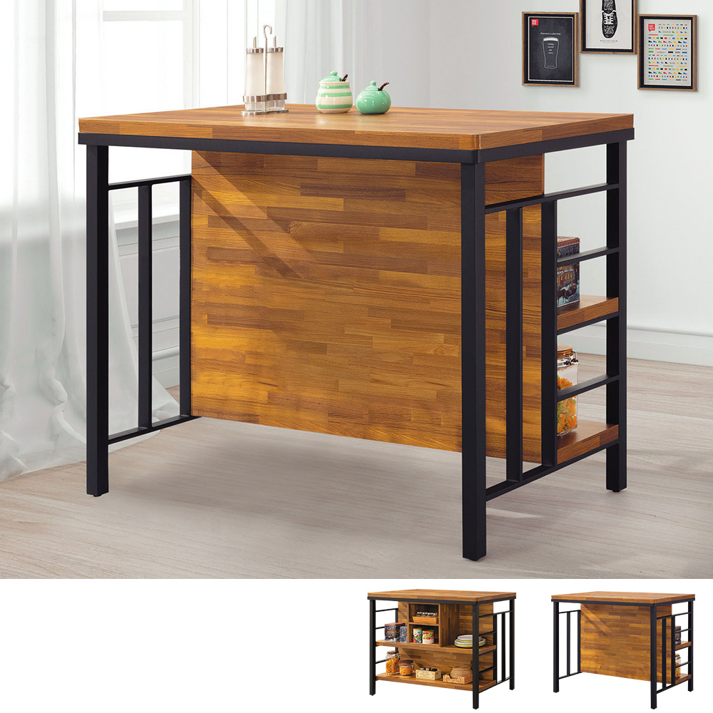 歐維克4尺工業風中島型吧台桌+餐櫃/多功能收納餐桌櫃/工作桌/收銀櫃檯桌(集層木色)