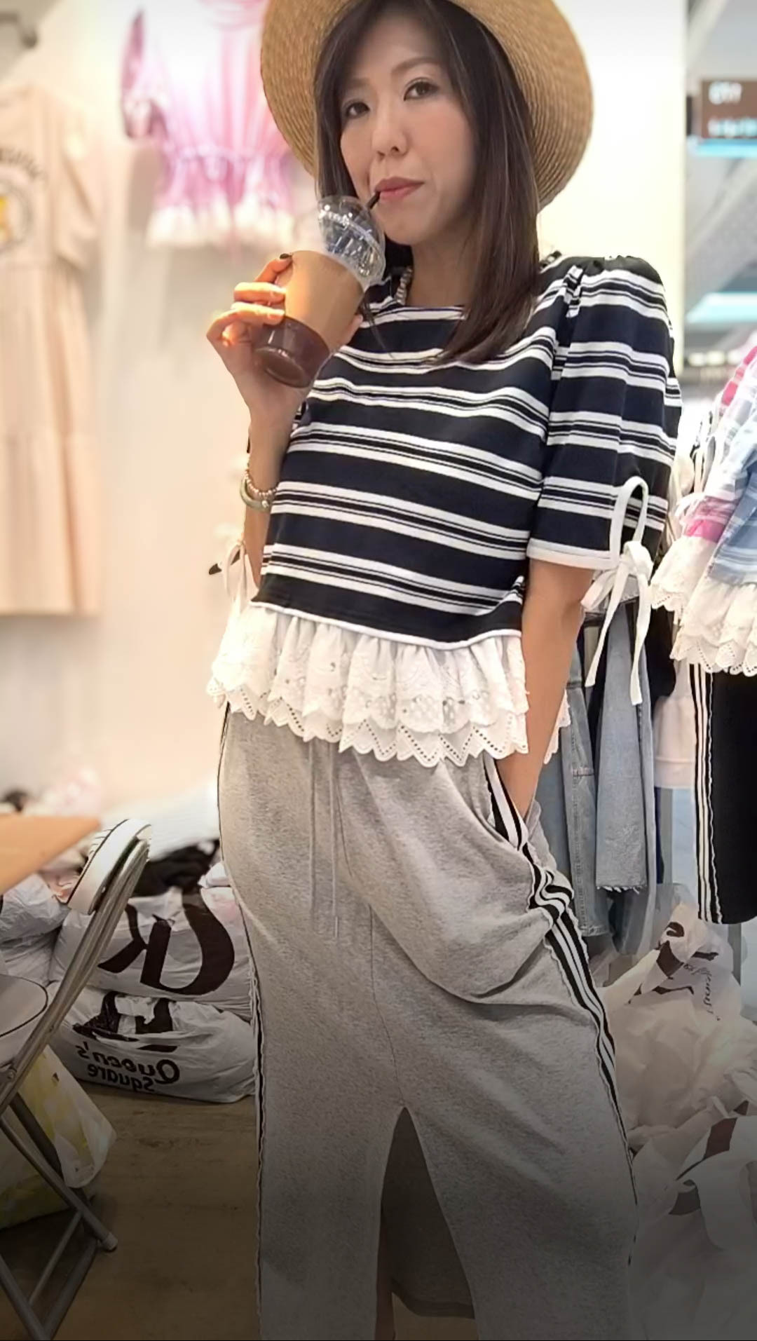 PM_K3065  ▶️條文拼接蕾絲上衣 👉B:100cm L:56cm👈