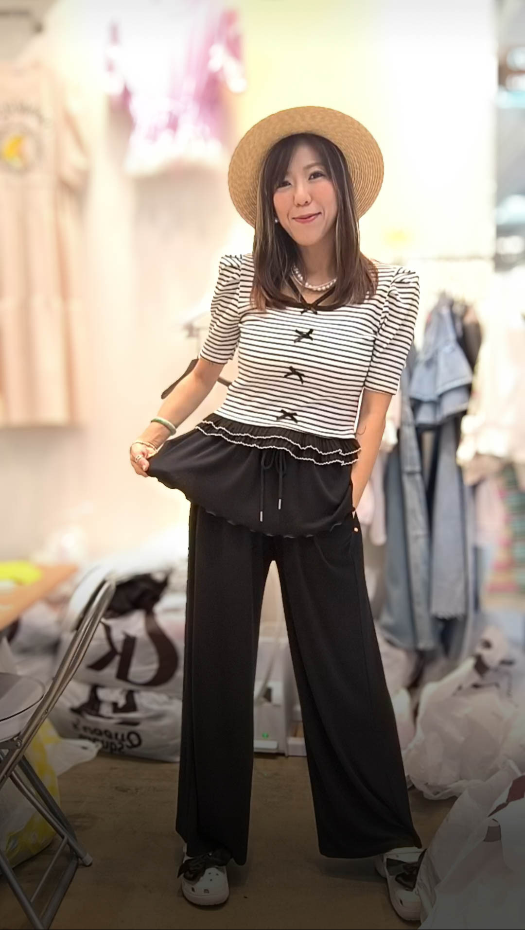 PM_K3076  ▶️ 3個蝴蝶結 條紋上衣 👉Free size L:cm👈