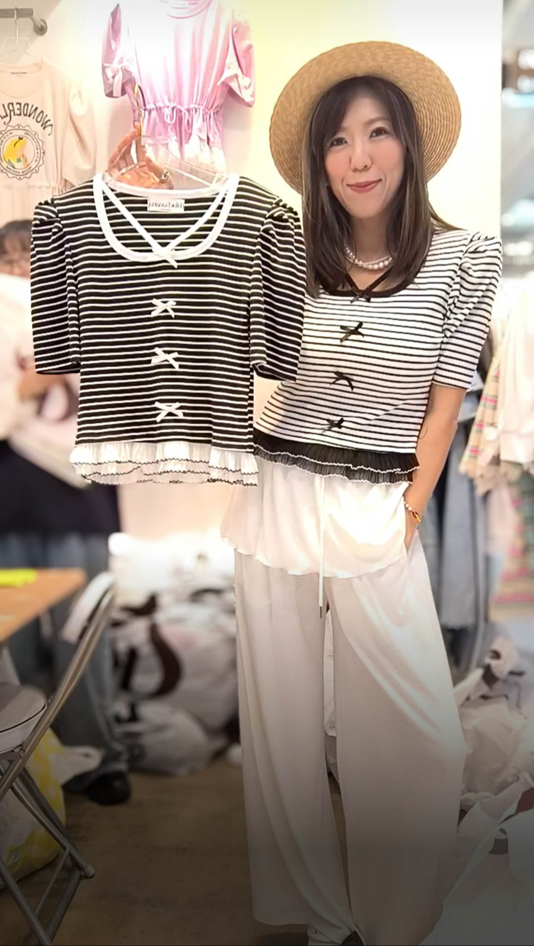PM_K3076  ▶️ 3個蝴蝶結 條紋上衣 👉Free size L:cm👈