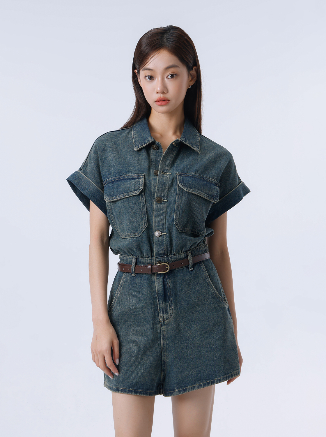 口袋袋蓋連身牛仔短褲