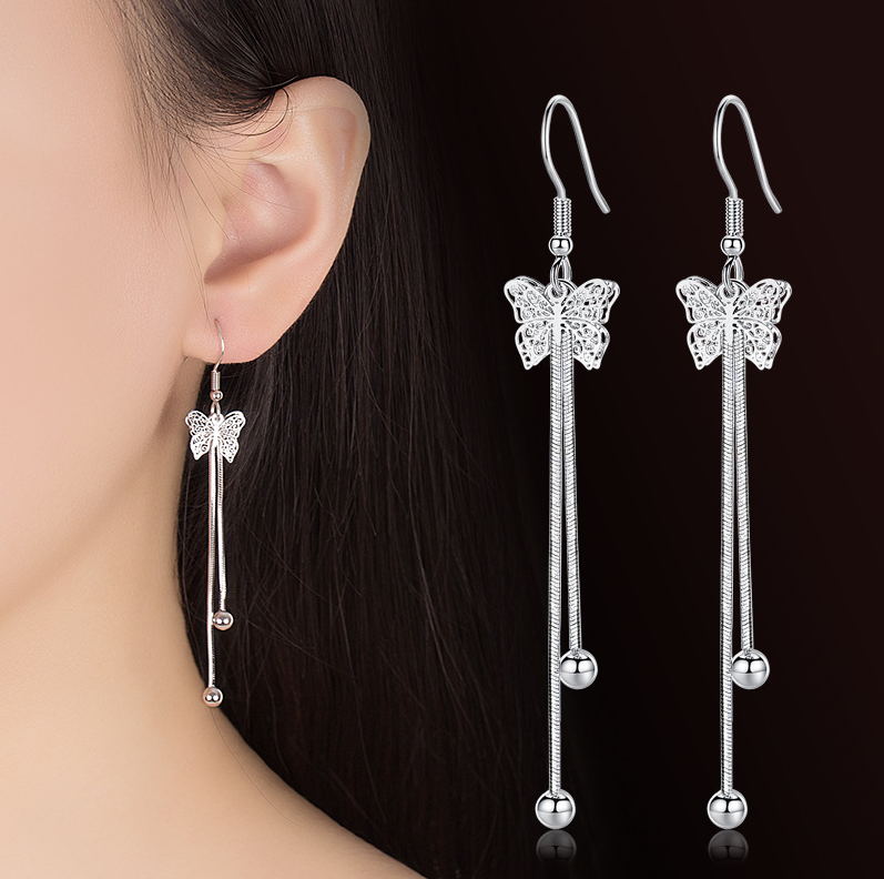 韓國JK 甜美潮人氣質中長流蘇耳環時尚鏤空蝴蝶結紛飛耳環 J1008