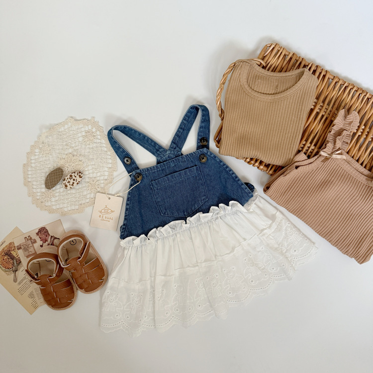 軟牛仔拼接吊帶裙