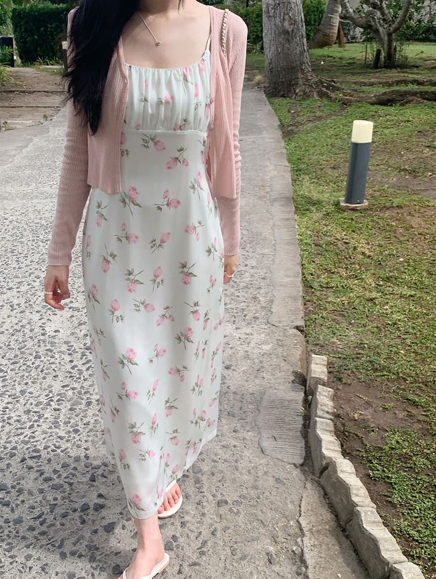 韓國Cherrykoko授權 玫瑰女神柔緞光抽褶細肩洋裝