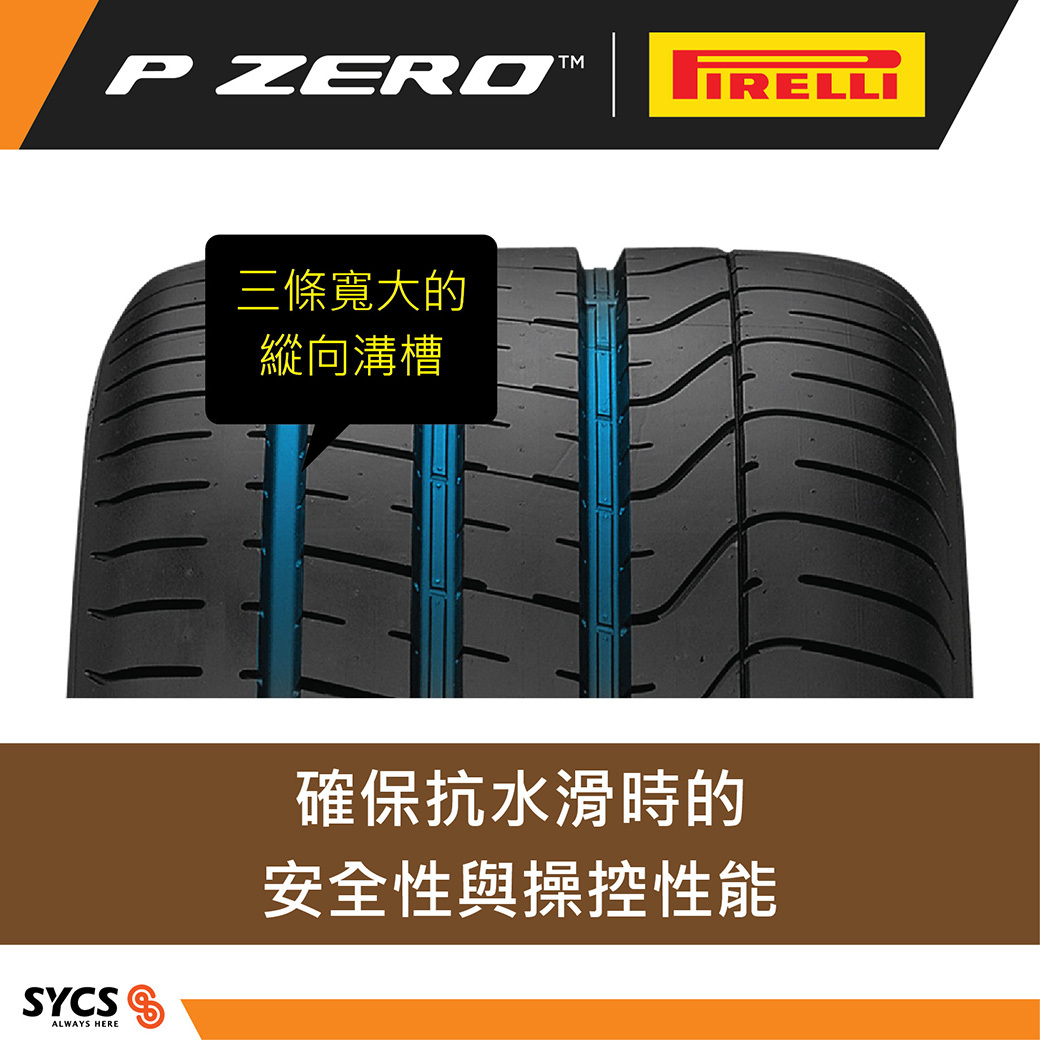 Close-up of PZ3 tread with three wide grooves designed for improved wet handling.