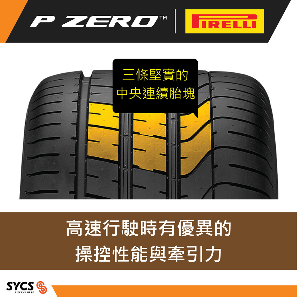 Center tread view of PZ3 showing three solid ribs for high-speed stability and traction.