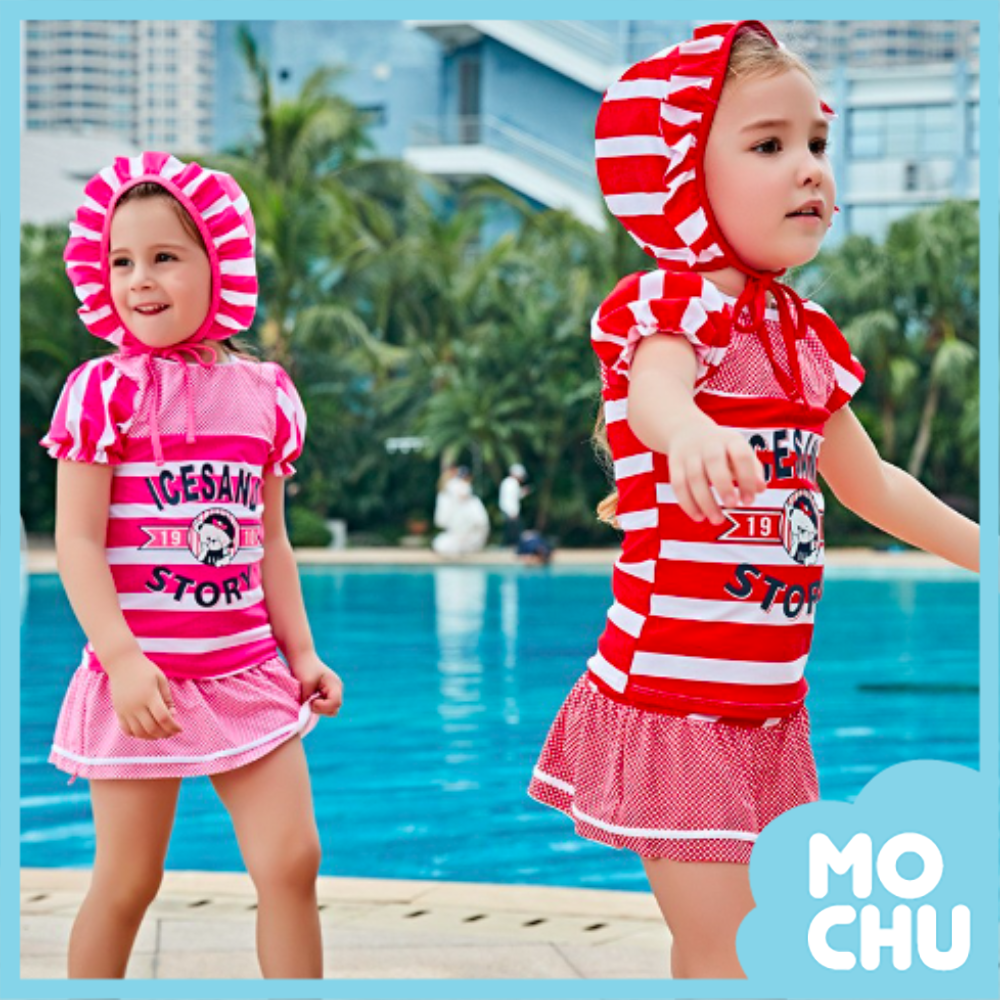 條紋熊花苞袖泳裝套裝(二色)