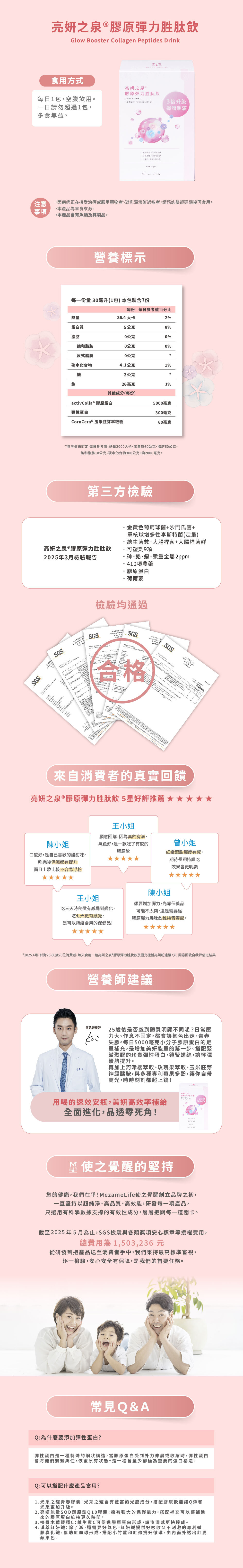 亮妍之泉 膠原彈力胜肽飲 來自消費者的真實回饋 營養標示 第三方檢驗 營養師建議 使之覺醒的堅持 常見Q&A