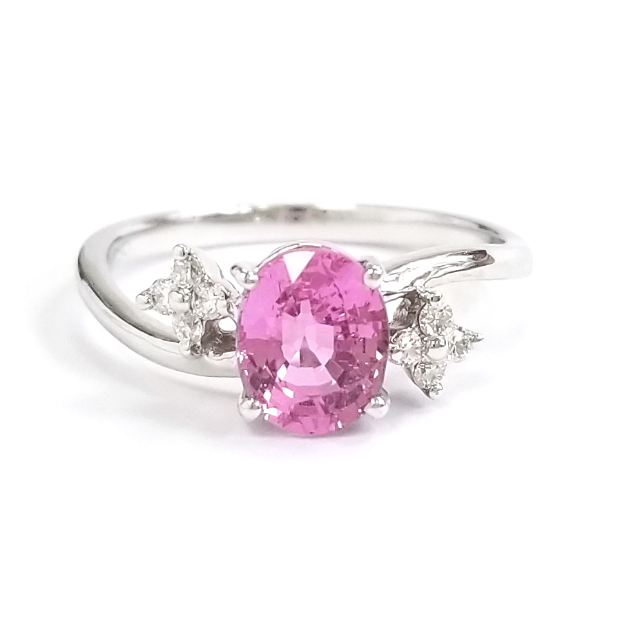 18K白金天然鑽石粉紅藍寶石戒指