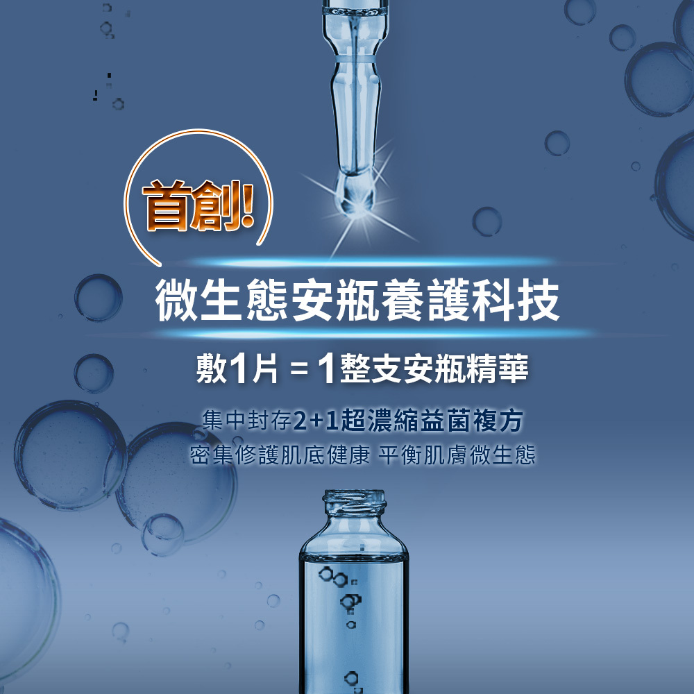 首創為生態安瓶養護科技,集中封存2+1超濃縮益菌複方,密集修復基底健康,平衡肌膚微生態,敷1片等於1整支安瓶精華