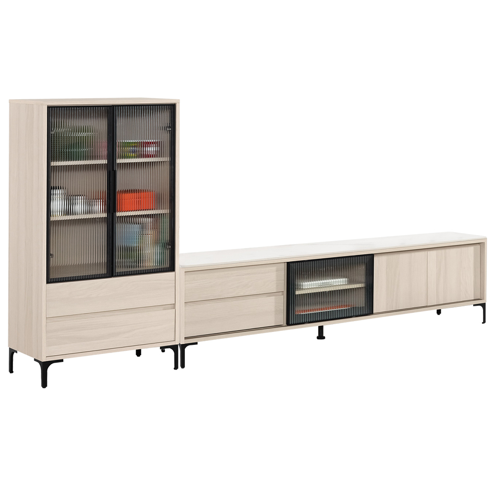 巴拉8.9尺長虹玻璃L型電視櫃組合(2.3尺展示櫃+6.7尺岩板長櫃)