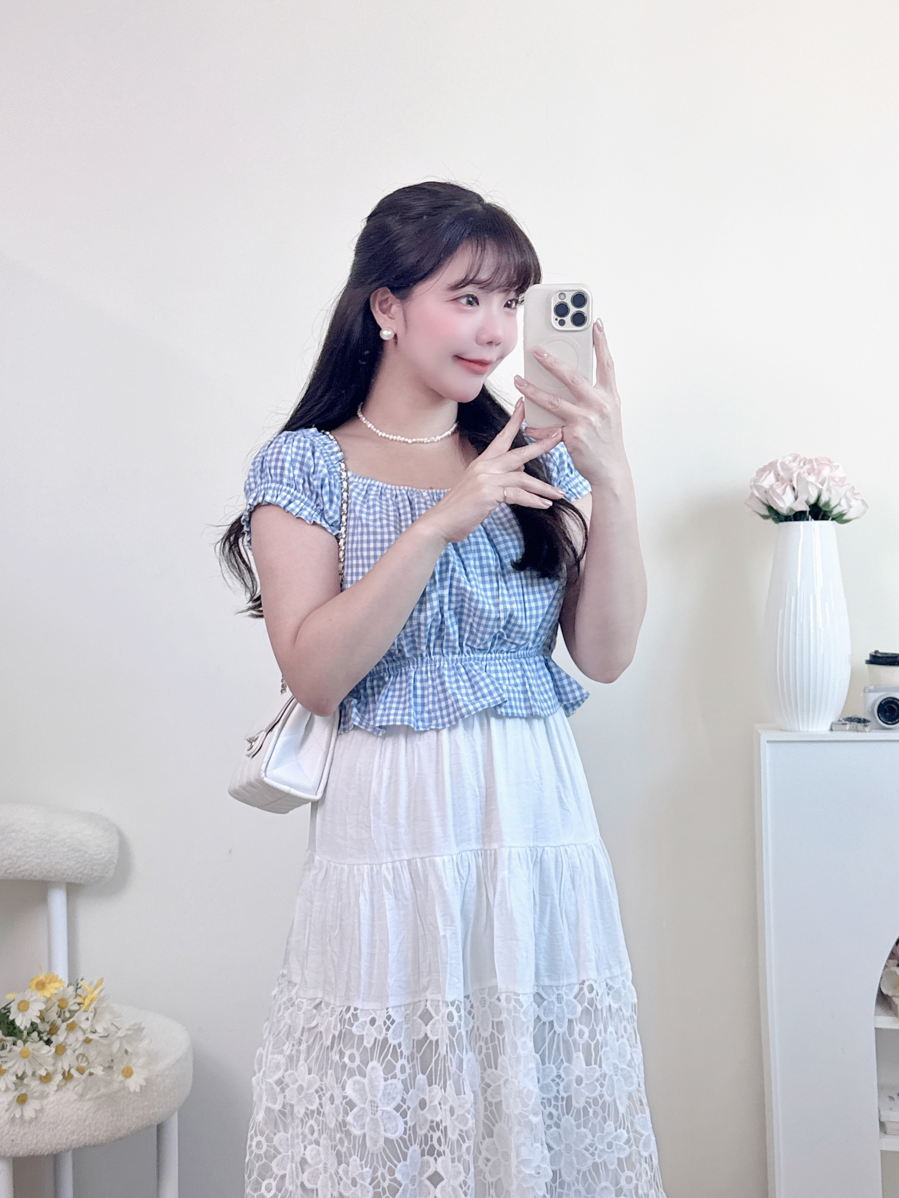 格紋短版短袖襯衫