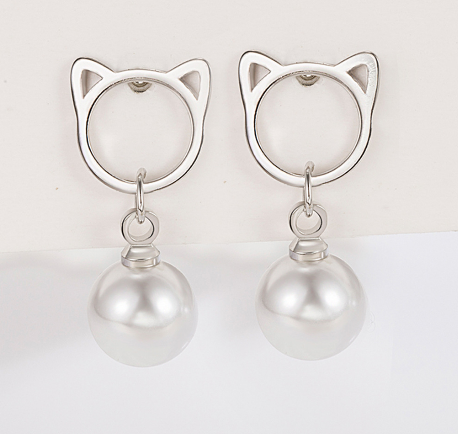 韓國JK 可愛貓珍珠耳環 J1020